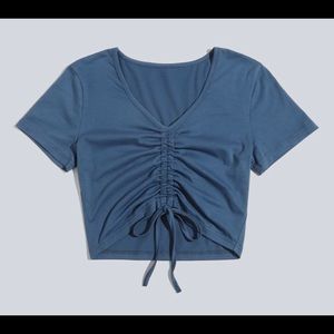 Blue drawstring front crop top